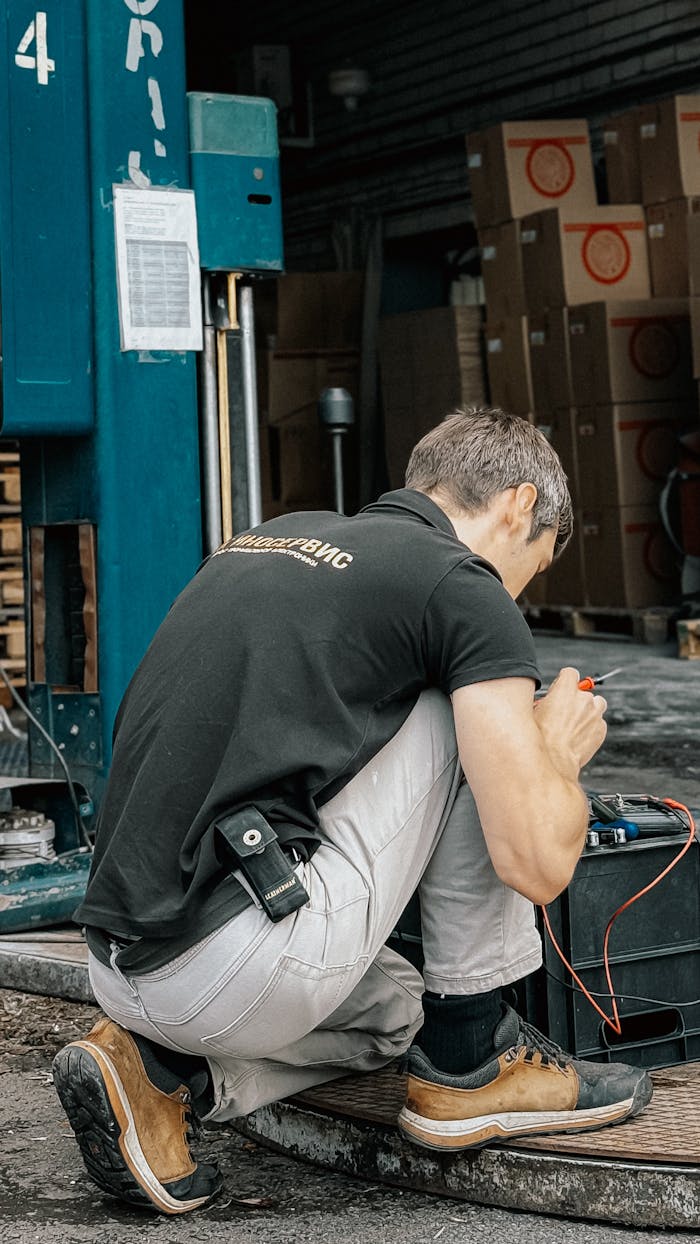Technik se krčí při opravě strojů ve venkovním skladu s krabicemi v pozadí.